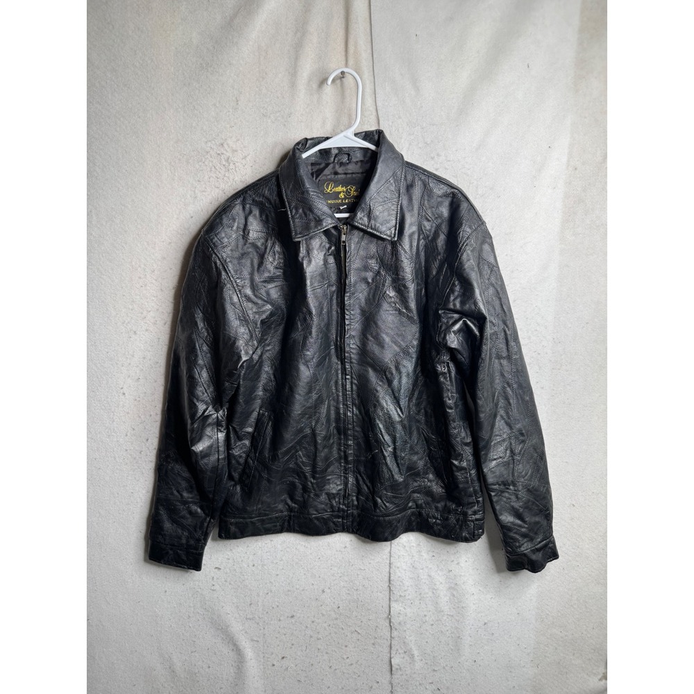 Leather & Soul Mens Black Genuine Leather Patchwork Zip Up Jacket Large 8660